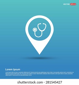Icono de estetioscopio - icono del tipo de logotipo abstracto - icono blanco en el punto de anclaje del mapa que muestra el fondo azul del concepto de salud. Ilustración del vector