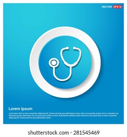 Stethoscope icon - abstract logo type icon - abstract Blue button on white sticker shadow background. Vector illustration