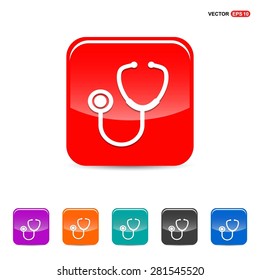Stethoscope icon - abstract logo type icon - red, orange, turquoise, black and blue 3d button background. Vector illustration