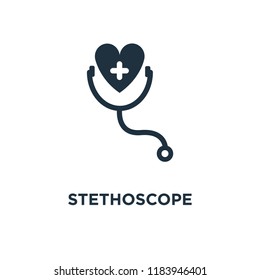 Icono de estetioscopio. Ilustración vectorial rellena en negro. Símbolo de estetioscopio sobre fondo blanco. Se puede usar en la web y en el móvil.
