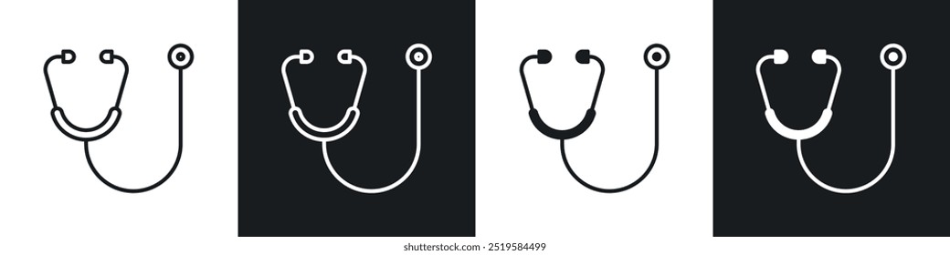 Stethoscope icon collection in black and white filled and stroke line style.