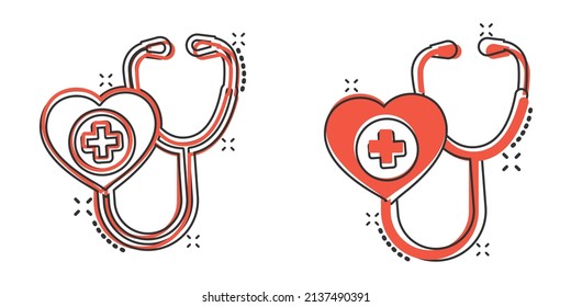 Stethoscope icon in comic style. Heart diagnostic cartoon vector illustration on isolated background. Medicine splash effect sign business concept.