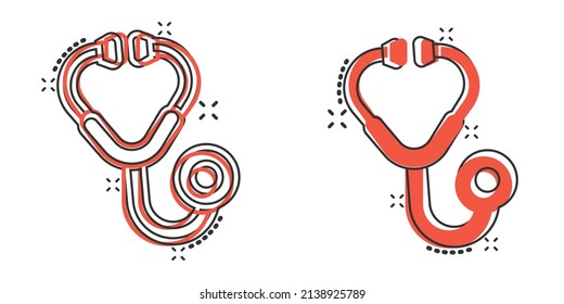 Stethoscope icon in comic style. Heart diagnostic cartoon vector illustration on isolated background. Medicine splash effect sign business concept.
