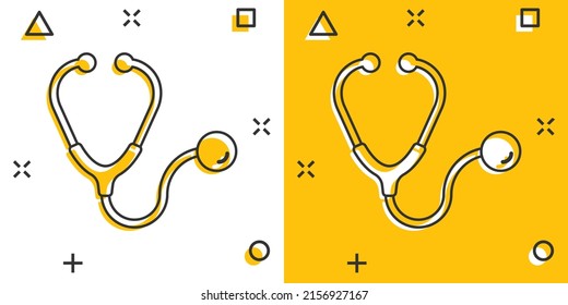 Stethoscope icon in comic style. Heart diagnostic cartoon vector illustration on isolated background. Medicine splash effect sign business concept.