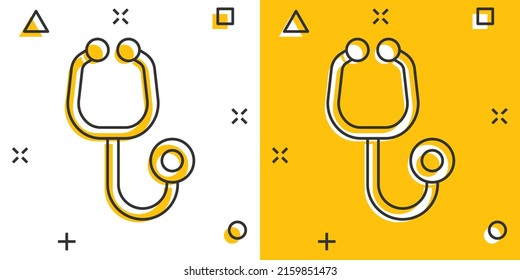 Stethoscope icon in comic style. Heart diagnostic cartoon vector illustration on isolated background. Medicine splash effect sign business concept.