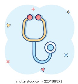 Stethoscope icon in comic style. Heart diagnostic cartoon vector illustration on isolated background. Medicine splash effect sign business concept.