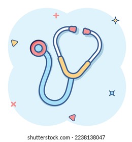 Stethoscope icon in comic style. Heart diagnostic cartoon vector illustration on isolated background. Medicine splash effect sign business concept.