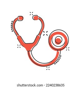 Stethoscope icon in comic style. Heart diagnostic cartoon vector illustration on isolated background. Medicine splash effect sign business concept.