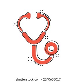 Stethoscope icon in comic style. Heart diagnostic cartoon vector illustration on isolated background. Medicine splash effect sign business concept.