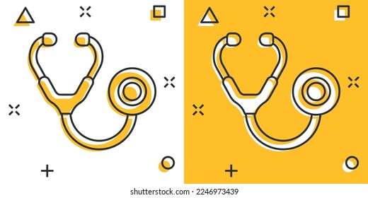 Stethoscope icon in comic style. Heart diagnostic cartoon vector illustration on isolated background. Medicine splash effect sign business concept.