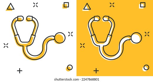 Stethoscope icon in comic style. Heart diagnostic cartoon vector illustration on isolated background. Medicine splash effect sign business concept.
