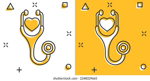 Stethoscope icon in comic style. Heart diagnostic cartoon vector illustration on isolated background. Medicine splash effect sign business concept.