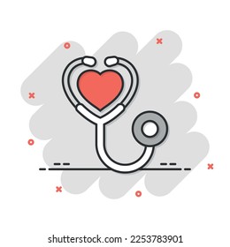 Stethoscope icon in comic style. Heart diagnostic cartoon vector illustration on isolated background. Medicine splash effect sign business concept.