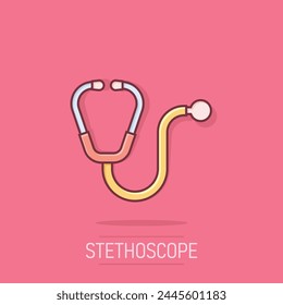 Stethoscope icon in comic style. Heart diagnostic cartoon vector illustration on isolated background. Medicine splash effect sign business concept.