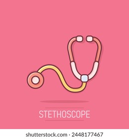 Stethoscope icon in comic style. Heart diagnostic cartoon vector illustration on isolated background. Medicine splash effect sign business concept.
