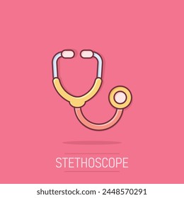 Stethoscope icon in comic style. Heart diagnostic cartoon vector illustration on isolated background. Medicine splash effect sign business concept.