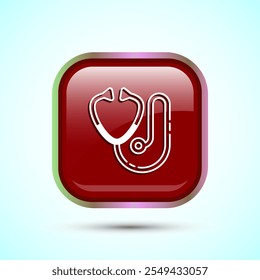 Stethoscope icon design illustration. Doctor stethoscope medical device icon, Red Color Square Button Design