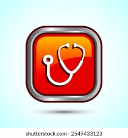 Stethoscope icon design illustration. Doctor stethoscope medical device icon, Orange Color Square Button Design