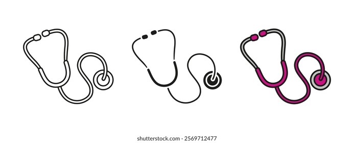 Stethoscope icon. Disease diagnostic tool symbol. Doctor diagnosis equipment vector illustration. Hospital stethoscope for patient treatment sign. Pulse measurement cardiology pictogram. Nurse concept