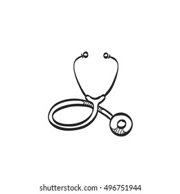 Stethoscope Icon In Doodle Sketch Lines. Medical Equipment, Doctor, Practitioner 