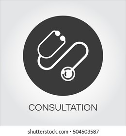 Stethoscope icon drawn in flat style. Label concept of medicine consultation. Simple round logo for button desing, websites or mobile apps. Vector contour graphics