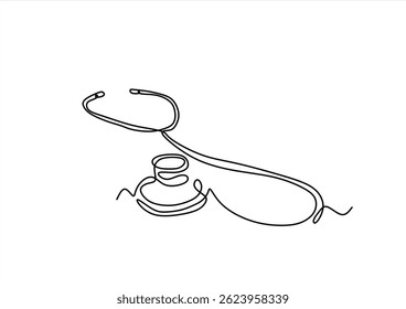 Stethoscope icon drawn with one line. Black outline of a stethoscope made with a single continuous line. Vector illustration. Editable stroke.
