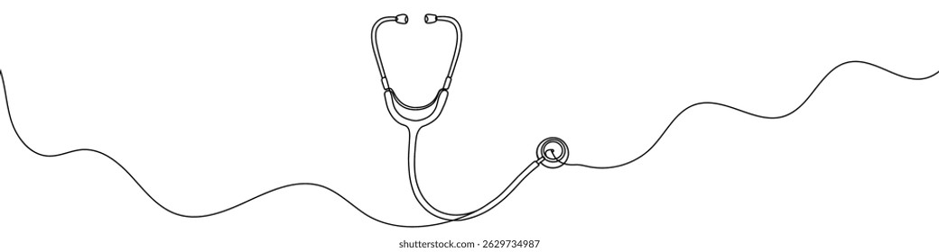 Ícone de estetoscópio desenhado com uma linha. Contorno preto de um estetoscópio feito com uma única linha contínua. Ilustração vetorial.