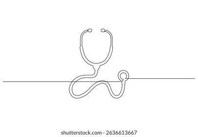 Ícone de estetoscópio desenhado com uma linha. Contorno preto de um estetoscópio feito , Dia Mundial da Saúde estetoscópio médico arte de linha única, desenho contínuo de uma linha de ícone vetor contorno isolado.