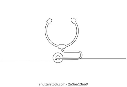 Ícone de estetoscópio desenhado com uma linha. Contorno preto de um estetoscópio feito , Dia Mundial da Saúde estetoscópio médico arte de linha única, desenho contínuo de uma linha de ícone vetor contorno isolado.