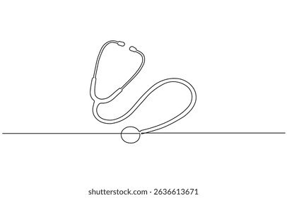 Ícone de estetoscópio desenhado com uma linha. Contorno preto de um estetoscópio feito , Dia Mundial da Saúde estetoscópio médico arte de linha única, desenho contínuo de uma linha de ícone vetor contorno isolado.