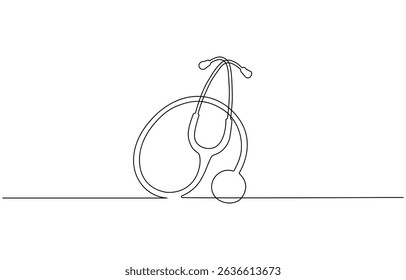 Ícone de estetoscópio desenhado com uma linha. Contorno preto de um estetoscópio feito , Dia Mundial da Saúde estetoscópio médico arte de linha única, desenho contínuo de uma linha de ícone vetor contorno isolado.