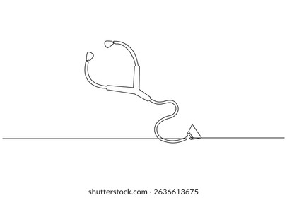 Ícone de estetoscópio desenhado com uma linha. Contorno preto de um estetoscópio feito , Dia Mundial da Saúde estetoscópio médico arte de linha única, desenho contínuo de uma linha de ícone vetor contorno isolado.