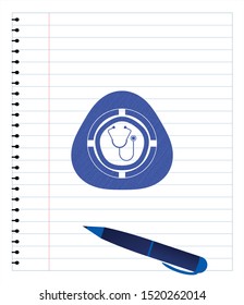 stethoscope icon drawn with pen strokes. Blue ink. Vector Illustration. Detailed.