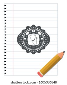 stethoscope icon emblem with pencil effect. Vector Illustration. Detailed.
