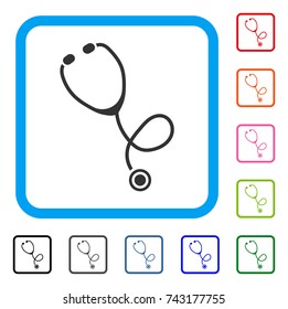 Stethoscope icon. Flat gray iconic symbol inside a light blue rounded frame. Black, gray, green, blue, red, orange color additional versions of Stethoscope vector. Designed for web and application UI.