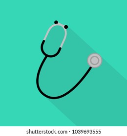 stethoscope icon in flat style with long shadow, isolated vector illustration on green transparent background