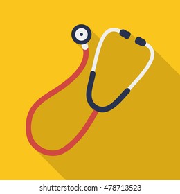 stethoscope icon in flat style with long shadow, isolated vector illustration on yellow transparent background