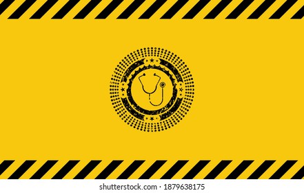 stethoscope icon grunge black emblem with yellow background, warning sign. Vector Illustration. Detailed. 