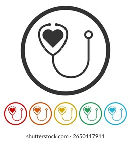 Stethoscope icon with heart shape. Set icons in color circle buttons