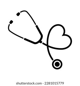 Stethoscope icon, heart shaped stethoscope symbol, doctor tool for listening