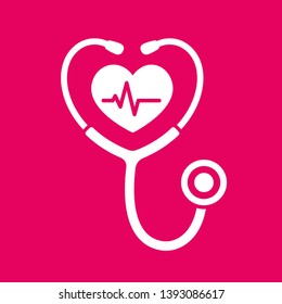 Stethoscope icon with heartbeat. Heart health and cardiology symbol, isolated vector illustration.