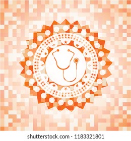 stethoscope icon inside abstract emblem, orange mosaic background