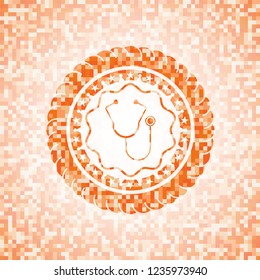 stethoscope icon inside abstract emblem, orange mosaic background