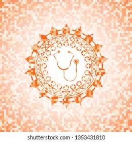 stethoscope icon inside abstract emblem, orange mosaic background