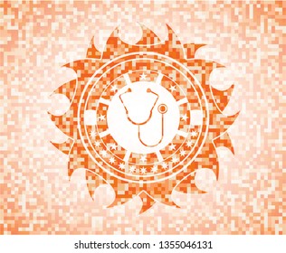 stethoscope icon inside abstract emblem, orange mosaic background