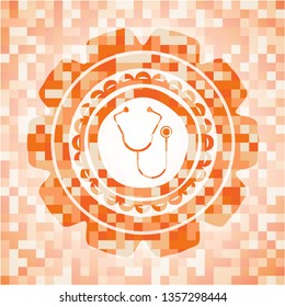 stethoscope icon inside abstract emblem, orange mosaic background