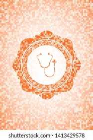 stethoscope icon inside abstract emblem, orange mosaic background