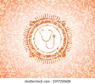 stethoscope icon inside abstract emblem, orange mosaic background