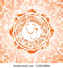 stethoscope icon inside abstract orange mosaic emblem with background
