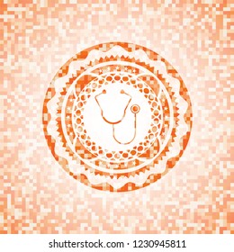 stethoscope icon inside abstract orange mosaic emblem with background